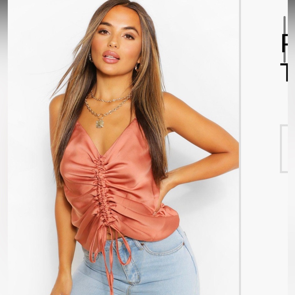 Boohoo PETITE SATIN RUCHED FRONT CAMISOLE Orange Cami Sz. US 4/S